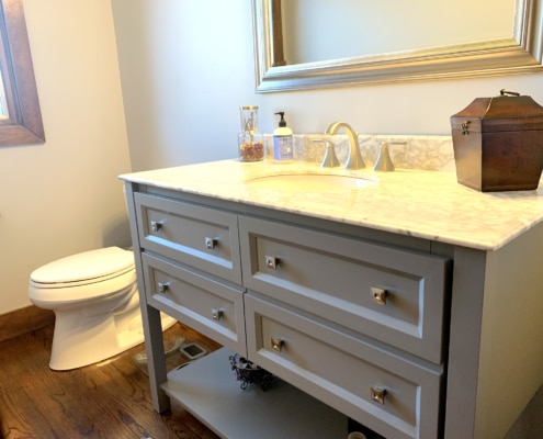 bathroom remodel, Gray bathroom vanity, undermount sink, brushed nickel faucet, quartz counter top